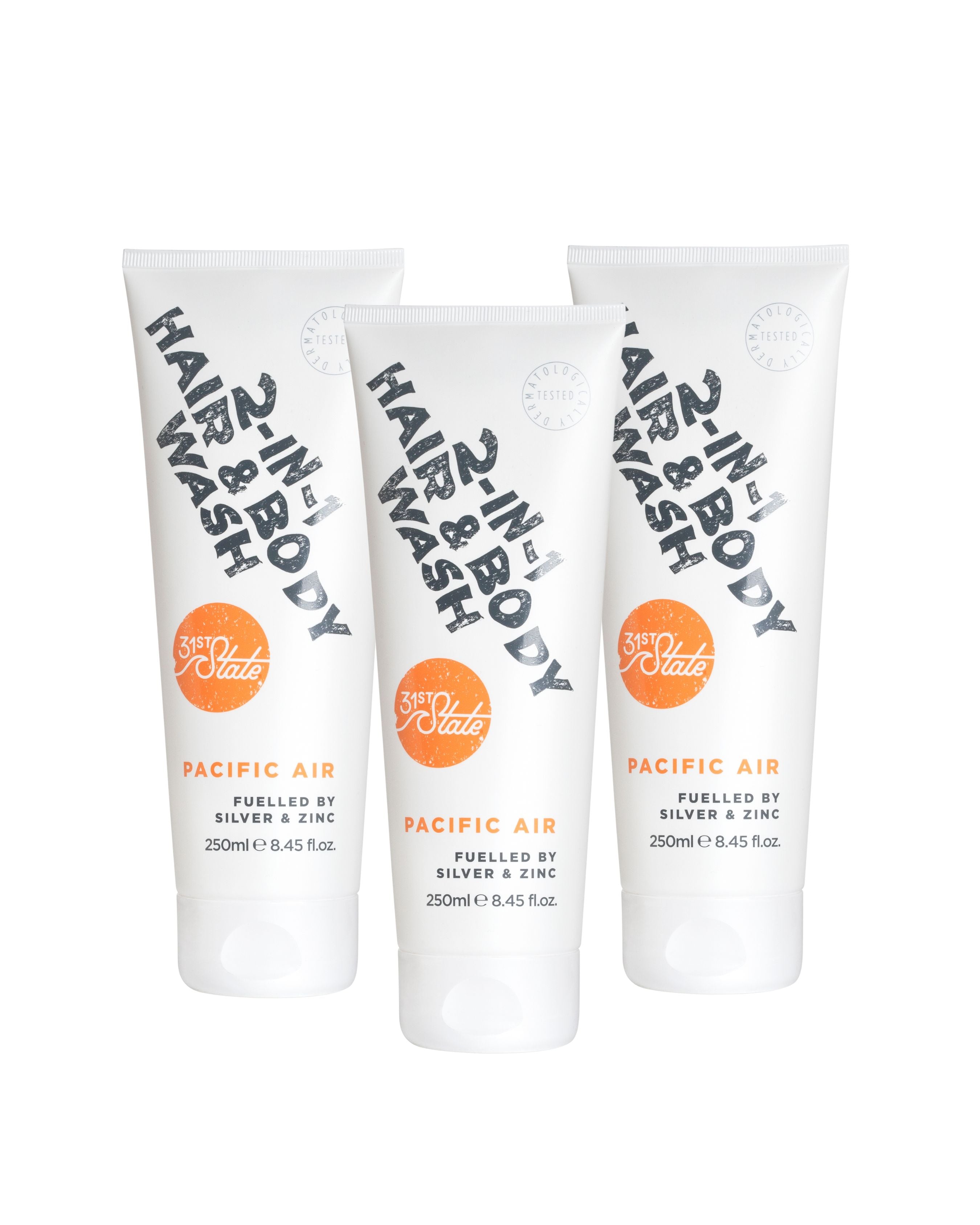 Three tubes of '2-in-1 Body' hair and body wash with 'Pacific Air' scent on a white background.