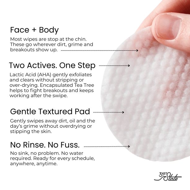 Text description of a skincare product with a close-up of a cotton pad on a white background.